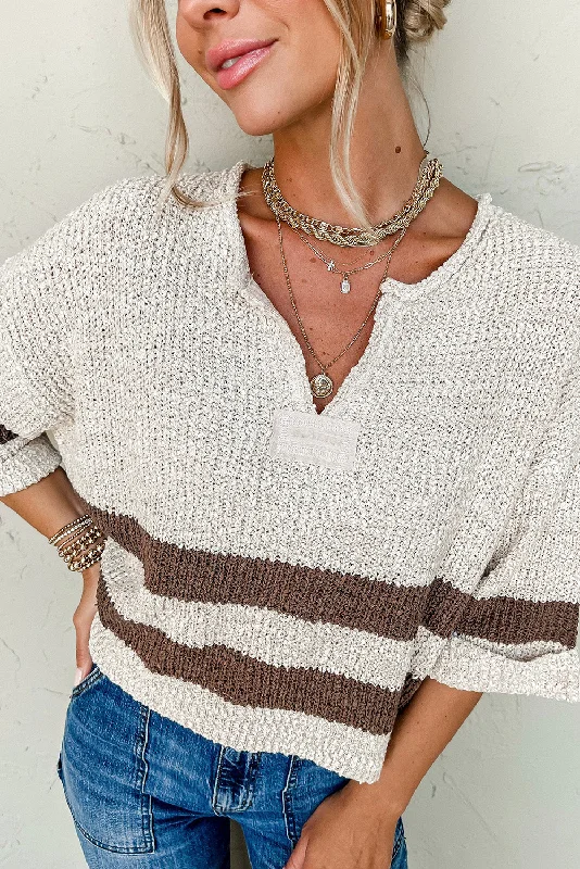 Brown Stripe Cropped Drop Sleeve Sweater