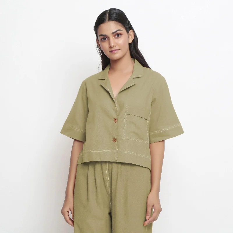 Khakhi Green Handspun Cotton Button-Down Cropped Shirt