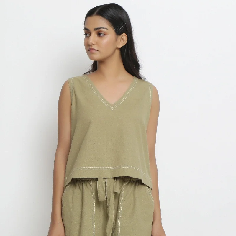 Khakhi Green Handspun Cotton Sleeveless V-Neck Crop Top