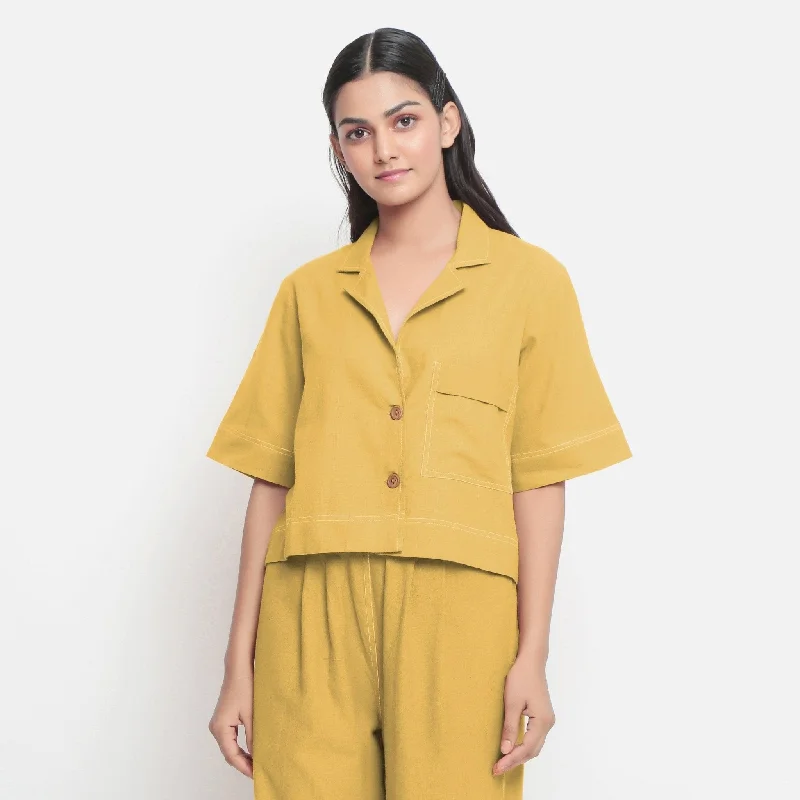 Light Yellow Handspun Cotton Button-Down Cropped Shirt