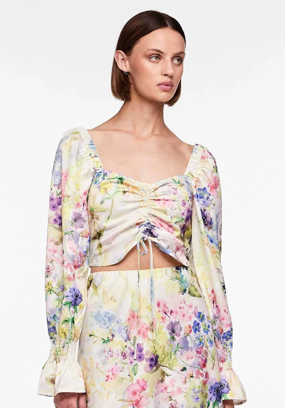 Pieces Mari Tie Satin Floral Crop Top, Cloud Dancer