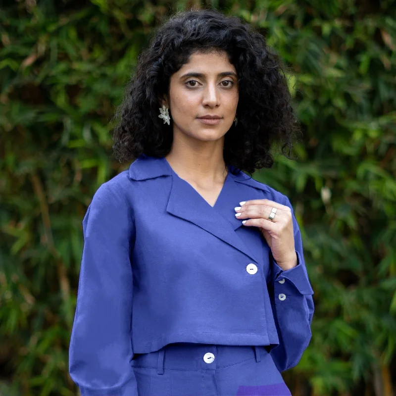 Royal Blue Cotton Poplin Full Sleeve Cropped Shirt