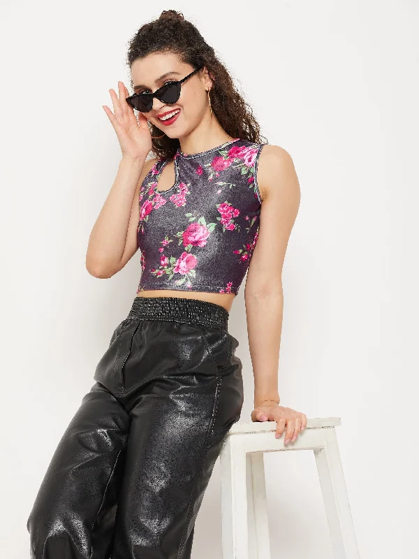 Stretchable Velvet Shoulder Cutout Crop Top