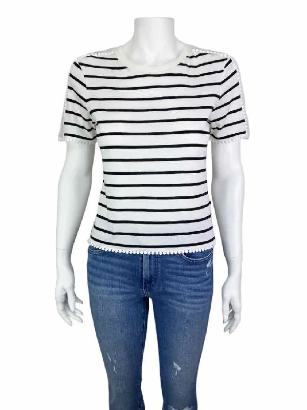 Top Shop Women's Cropped Striped Tee with Lace White/Black Size 4