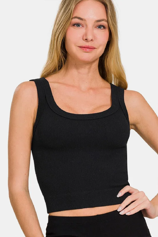 Ribbed Round Neck Cropped Tank Top in Black