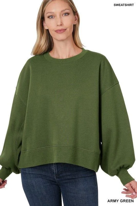 Balloon sleeve cropped sweatshirt in Army Green