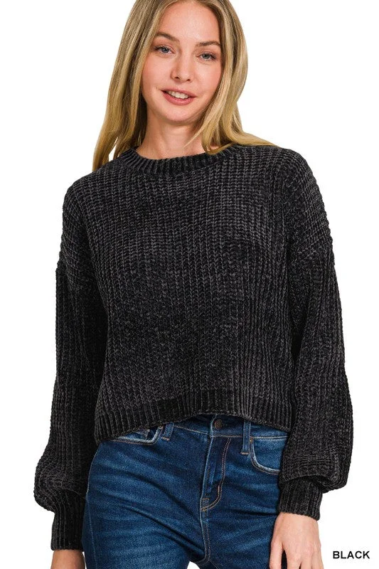 Womens Zenana Chenille Round Neck Crop Sweater in Black