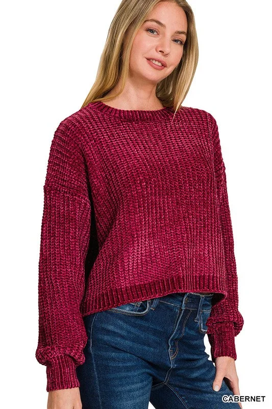 Womens Zenana Chenille Round Neck Crop Sweater in Burgundy