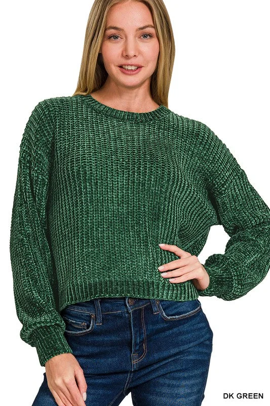 Womens Zenana Chenille Round Neck Crop Sweater in Dark Green