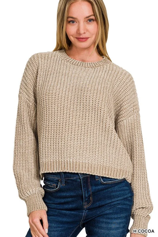 Womens Zenana Chenille Round Neck Crop Sweater in H. Cocoa