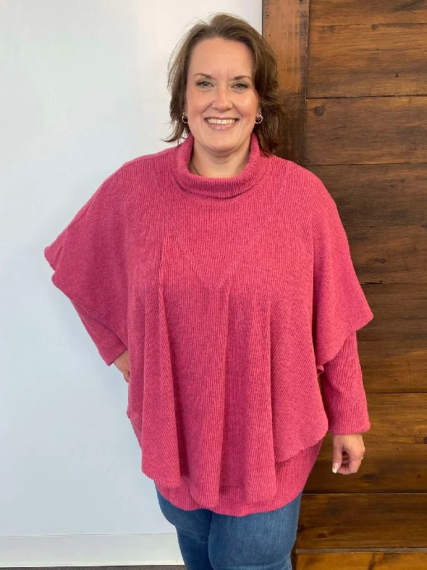 2 Piece Pure Essence Ribbed Poncho with V-neck Sweater Set | Pink