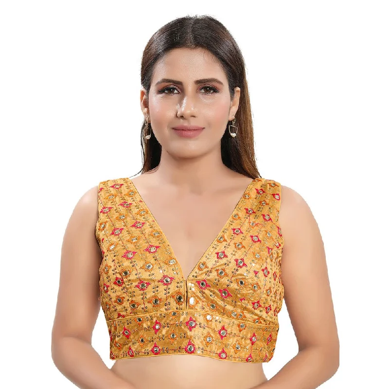 Mesmerizing Golden Designer Indian Plunging V-Neckline Saree Blouse Choli (X-995NS-Gold)