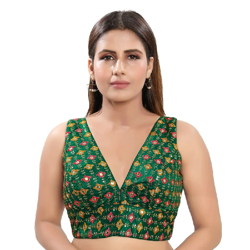 Mesmerizing Green Designer Indian Plunging V-Neckline Saree Blouse Choli (X-995NS-Green)