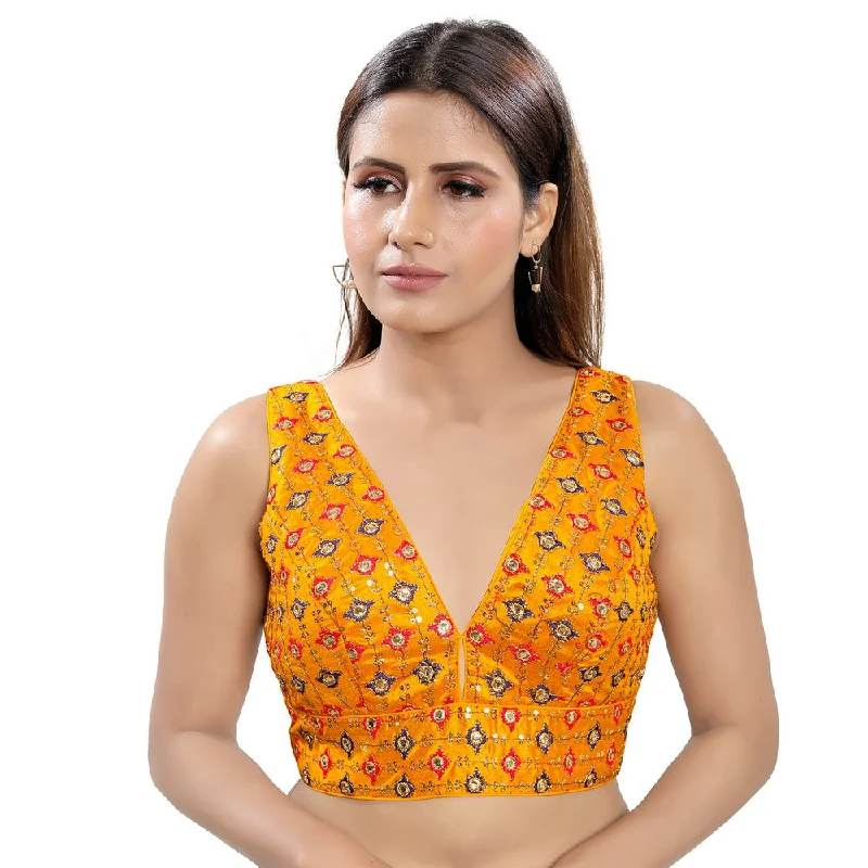 Mesmerizing Mustard Designer Indian Plunging V-Neckline Saree Blouse Choli (X-995NS-Mustard)