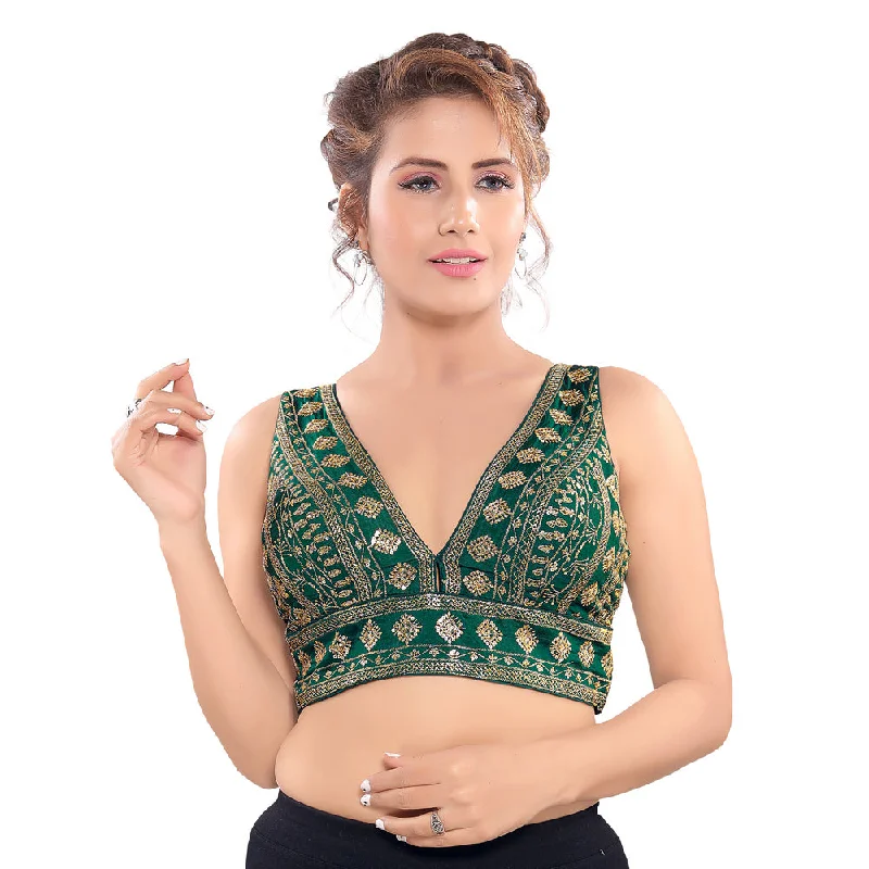 Spectacular Designer Indian Green Plunging V-Neckline Sleeveless Saree Blouse Choli (VFJKP-28-Green)