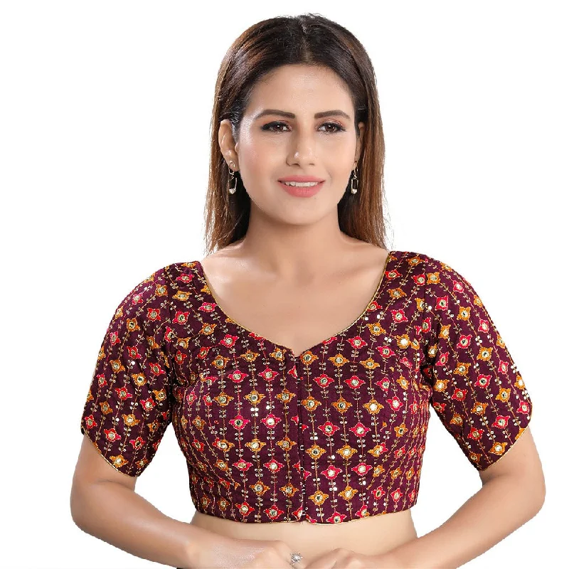 Ethnic Wine Designer Indian Traditional Mirror Work V-Neckline Saree Blouse Choli (X-996ELB-Wine)