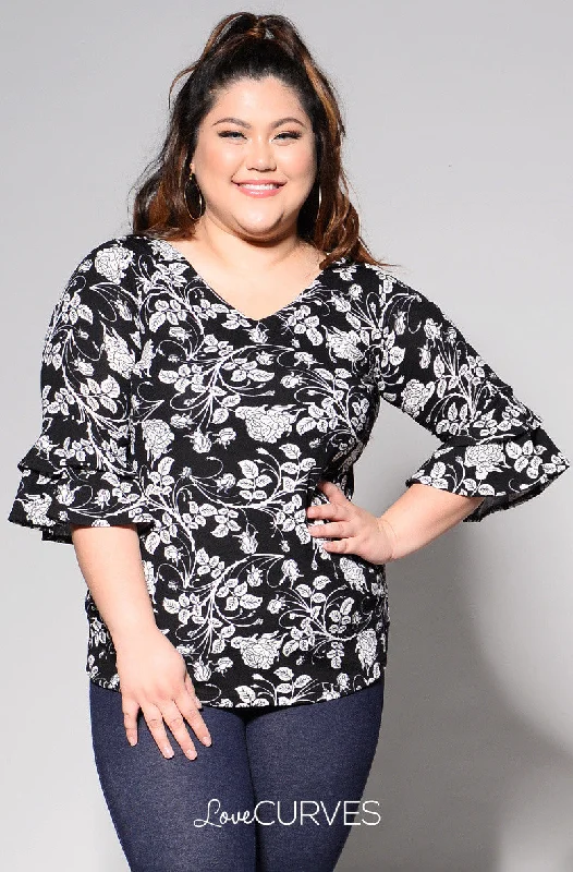 Layered Ruffle Sleeves V-Neck Top - Black Florals - REE