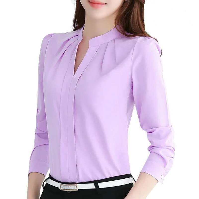 New Style V-neck Long-sleeved Elegant Ladies Office Chiffon Shirt