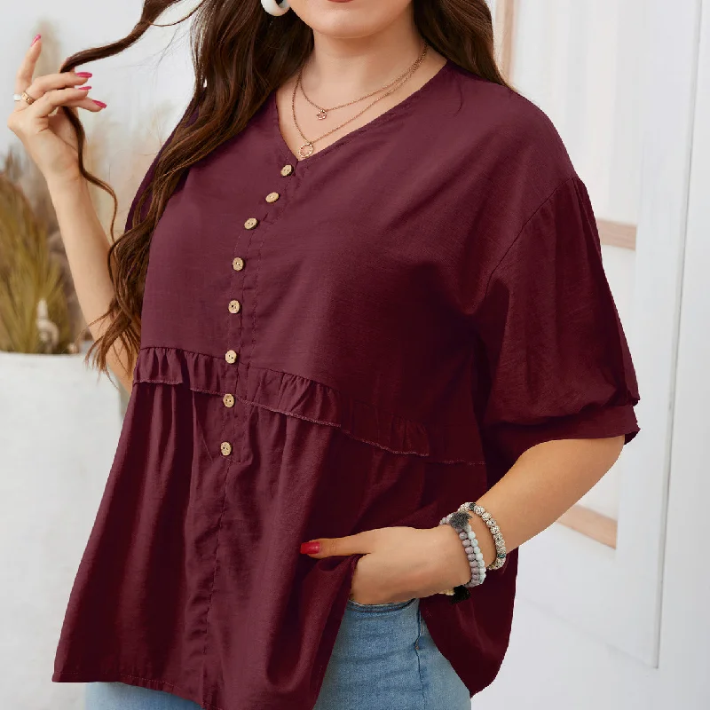 Short Sleeve V-Neck Casual Ruffled Shirt Curvy Tops Wholesale Plus Size Clothing N5323021500039