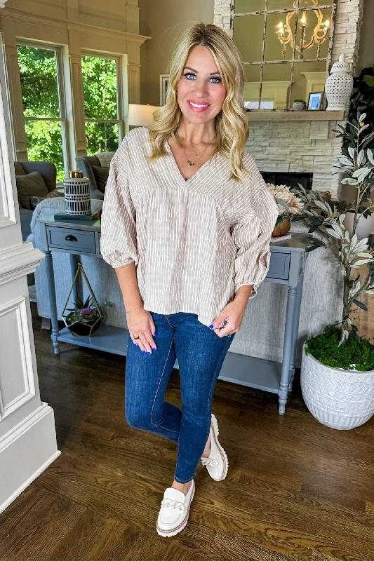 Striped V-Neck Babydoll Bubble Sleeve Top in Taupe/Cream