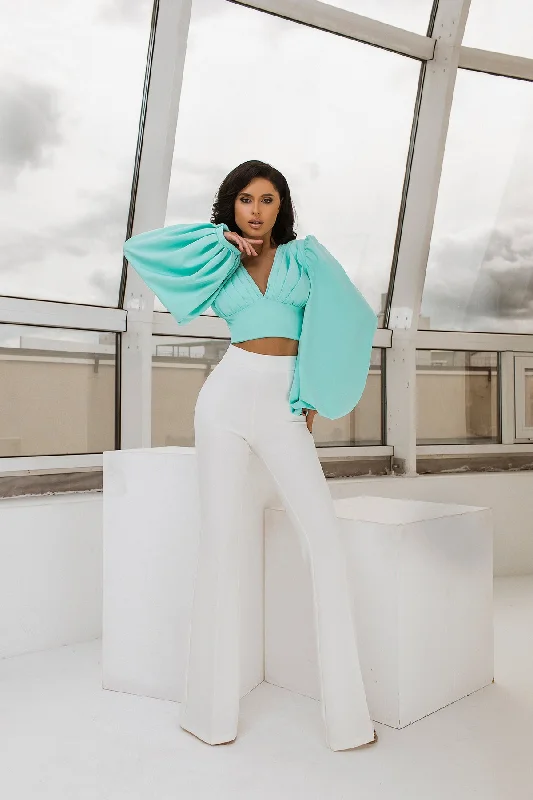 Mint Puff Sleeve V-neck Blouse