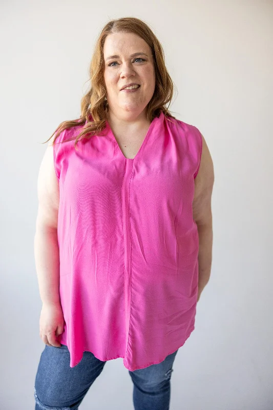 V-NECK FLOWY TANK BLOUSE WITH RUCHED SHOULDER IN FRESH FUCHSIA