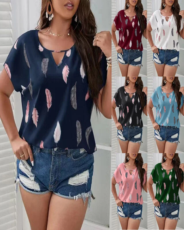 Womens Plus Size T Shirts Short Sleeve Ladies Loose Blouse V-Neck Print Tops Tee