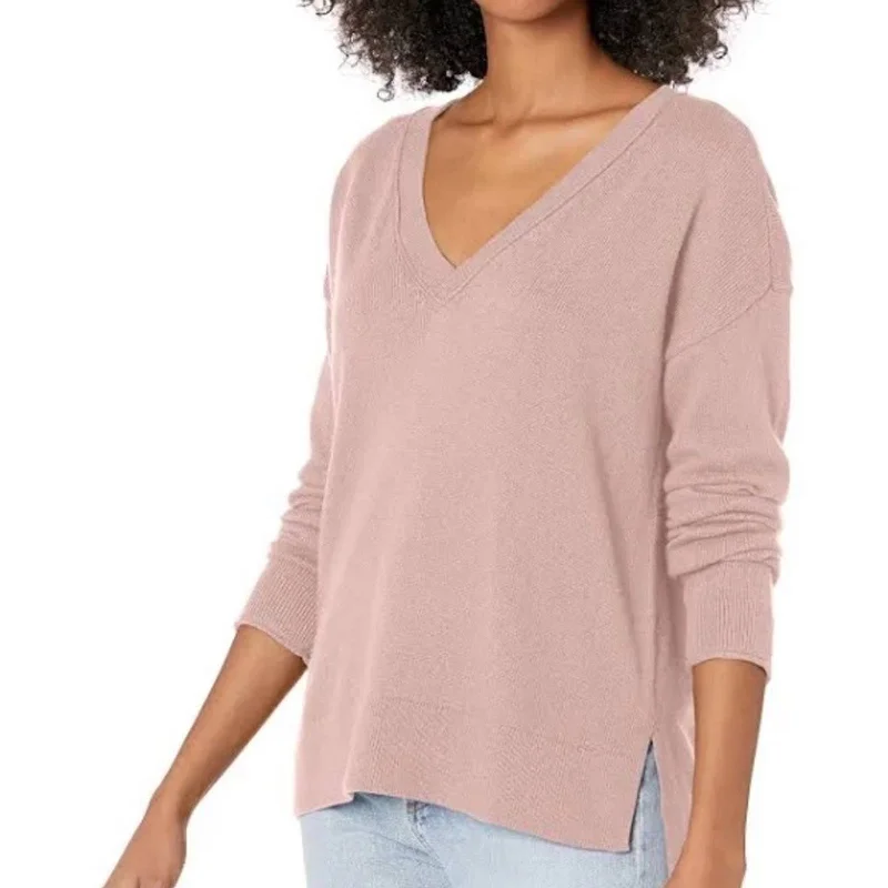 Lucky Brand Pale Pink Ribbed Knit Sweater, V-Neck, Long Sleeve