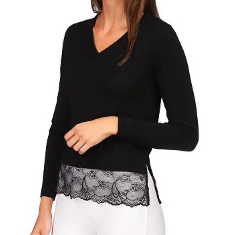 Michael Kors Black V-Neck Sweater w/ Lace Accents on Hem