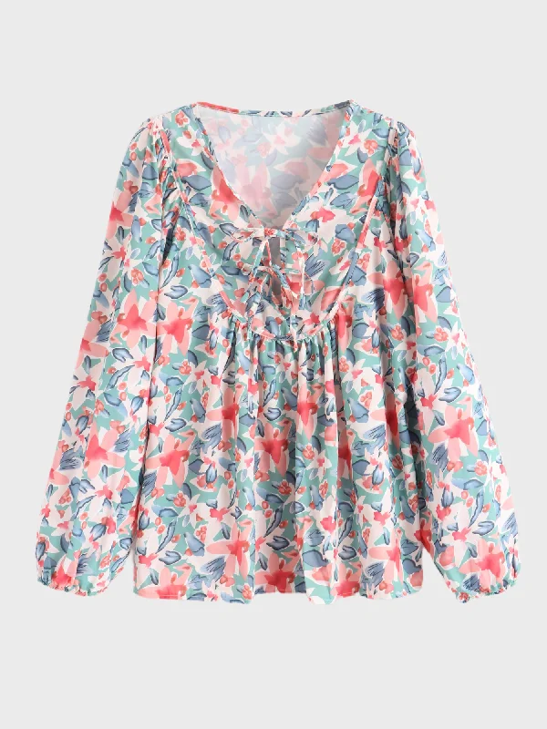 Midsize Floral Ruffle Lace-Up V-Neck Long Sleeve Top