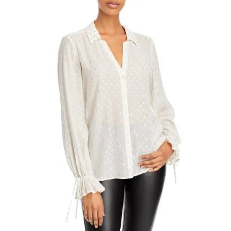 PAIGE Ladies White & Silver "Alinah" Button Up V-Neck Blouse