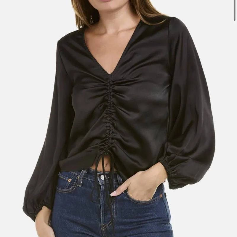 Vince Camuto Black Front Rouched Blouse, Long Sleeve, V-Neck