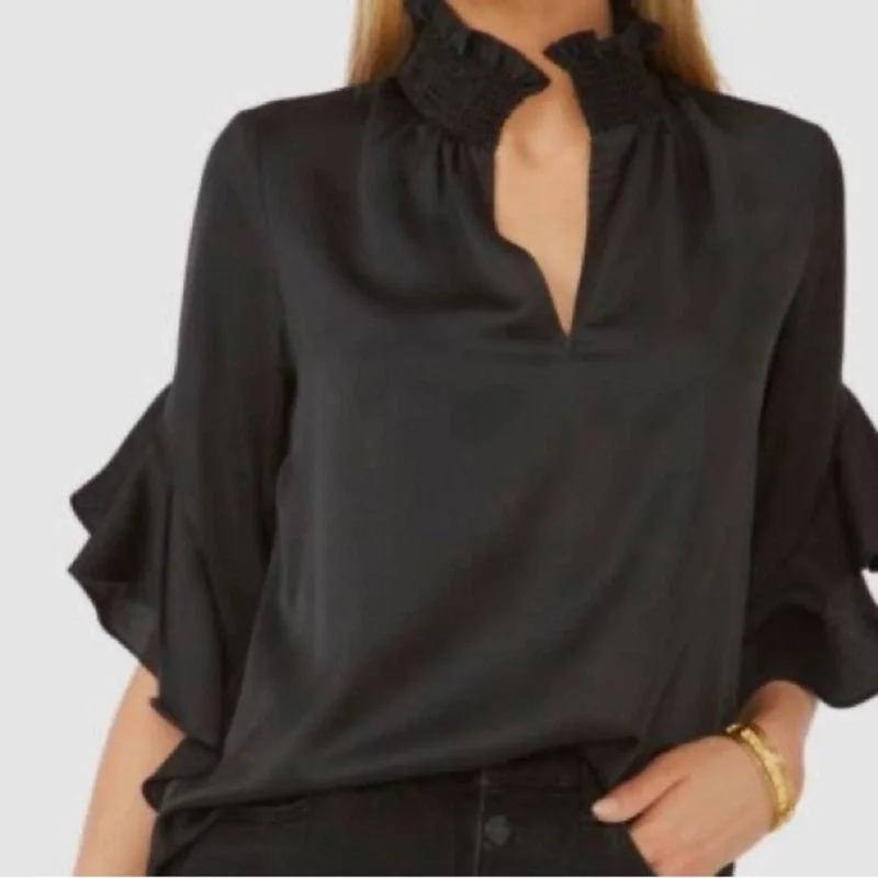 Vince Camuto Black V-Neck Blouse w/ Ruched Collar, Ruffle Sleeves