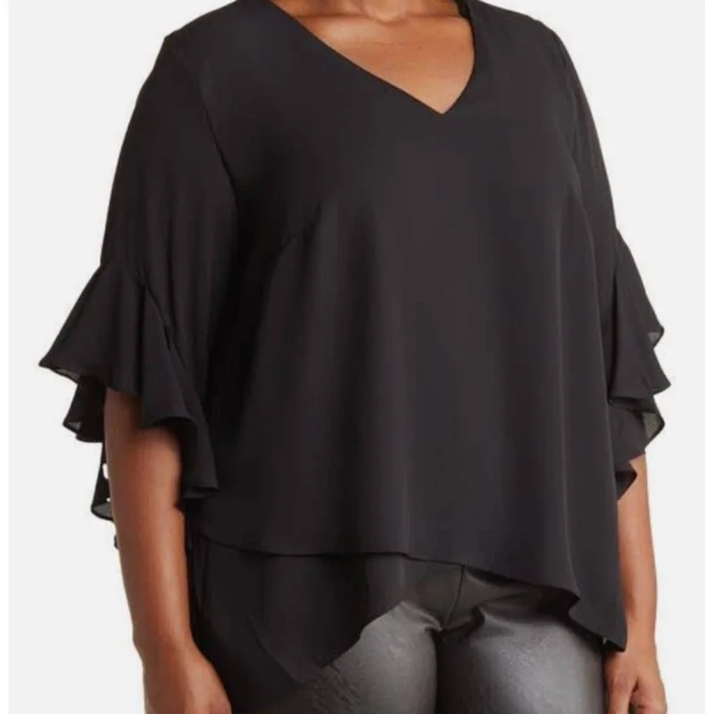 Vince Camuto Black V-Neck Blouse w/ Ruffle Sleeves