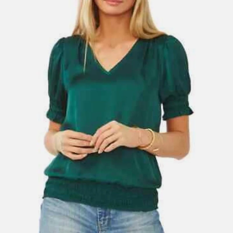 Vince Camuto Emerald Green Blouse w/ Elastic Sleeves & Hem, V-Neck