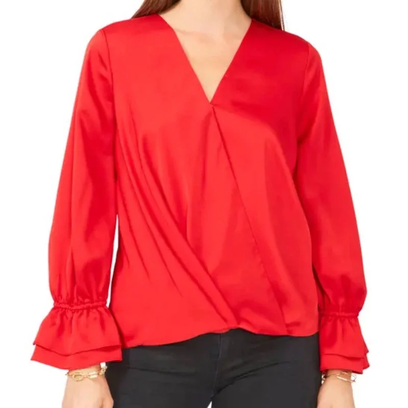 Vince Camuto Rich Red Wrap Blouse w/ Bell Sleeves, V-Neck