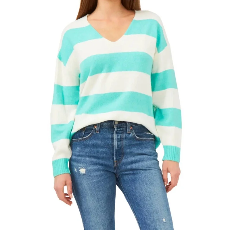 Vince Camuto Turquoise & White Striped Sweater, V-Neck, Ribbed Accents