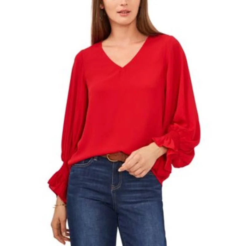 Vince Camuto Women's Vermillion Red V-Neck Blouse w/ Smocked Cuffs