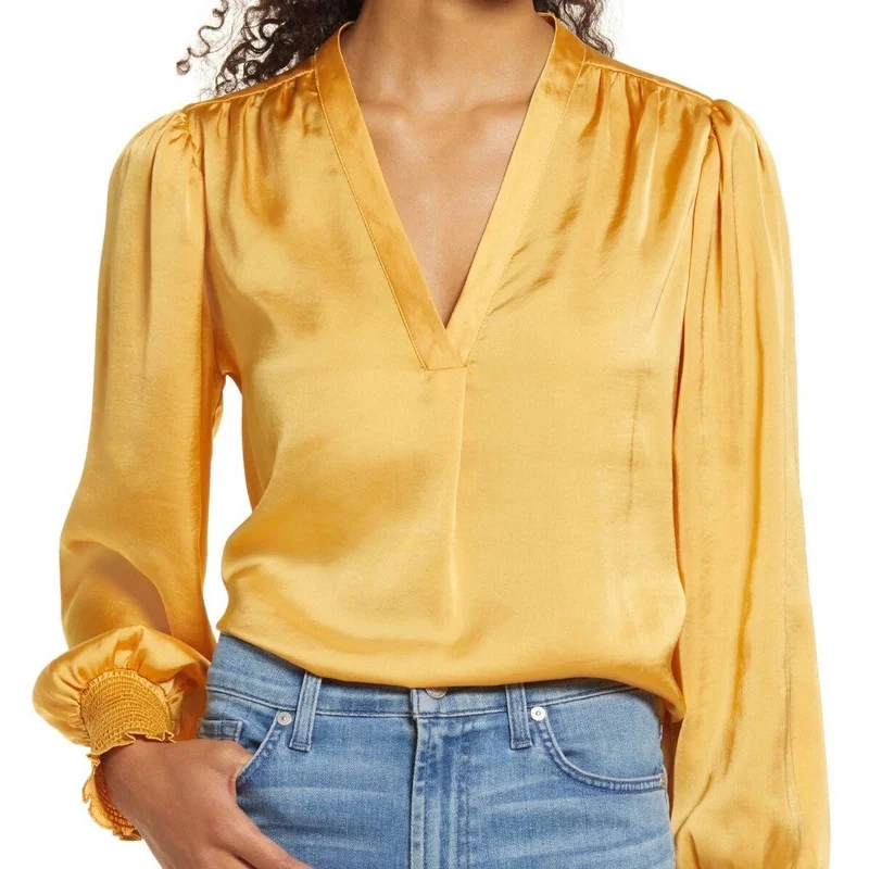 Vince Camuto Yellow Gold Satin Blouse, V-Neck, Ruched Sleeves