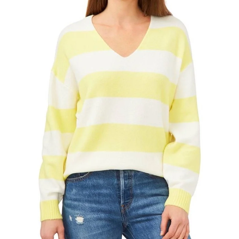 Vince Camuto Yellow & White Striped Sweater, V-Neck, Ribbed Accents