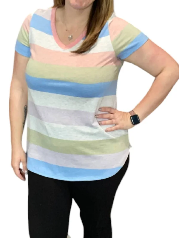 Pastel Striped V-Neck Tee In Multi Color